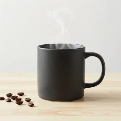 Generated product photo of a black coffee mug with coffee beans: Studio Vision v3