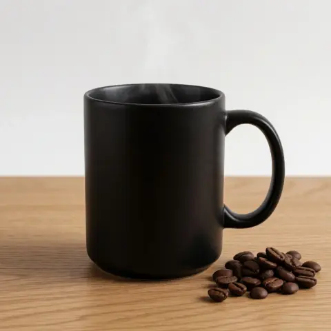 Generated product photo of a black coffee mug with coffee beans: Velvet Render v5.1
