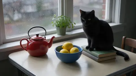 Generated kitchen table with a red teapot, a bowl of lemons, and a black cat on books: ImageGPT v3