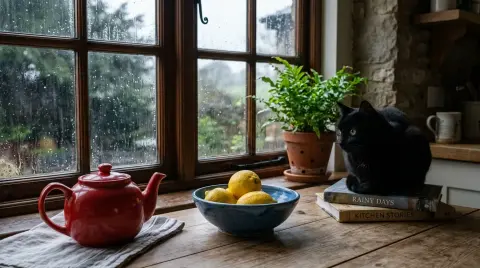 Generated kitchen table with a red teapot, a bowl of lemons, and a black cat on books: Nano Banana 2