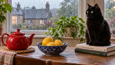 Generated kitchen table with a red teapot, a bowl of lemons, and a black cat on books: OpenAI Image 2.5