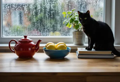 Generated kitchen table with a red teapot, a bowl of lemons, and a black cat on books: Studio Vision v3.6