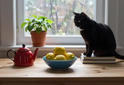 Generated kitchen table with a red teapot, a bowl of lemons, and a black cat on books: Studio Vision v3