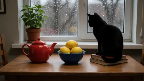 Generated kitchen table with a red teapot, a bowl of lemons, and a black cat on books: Velvet Render v5.1