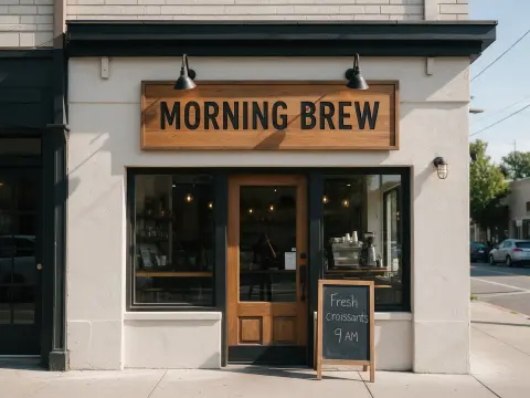 Generated coffee shop storefront with a MORNING BREW sign and a chalkboard: ImageGPT v3