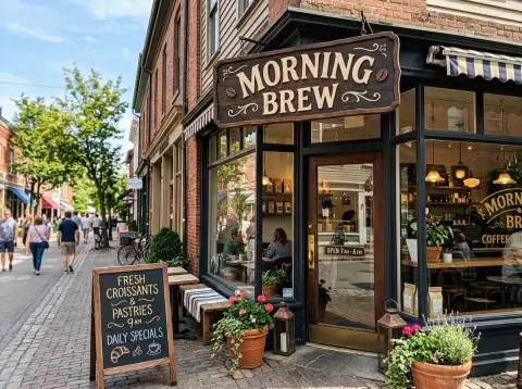 Generated coffee shop storefront with a MORNING BREW sign and a chalkboard: Nano Banana 2