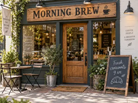 Generated coffee shop storefront with a MORNING BREW sign and a chalkboard: OpenAI Image 2.5