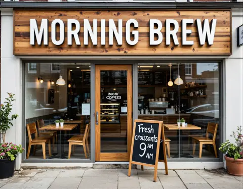 Generated coffee shop storefront with a MORNING BREW sign and a chalkboard: Studio Vision v3.6