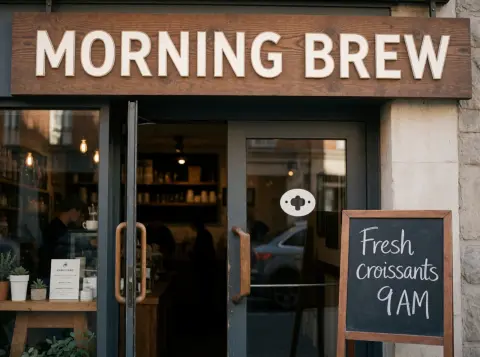 Generated coffee shop storefront with a MORNING BREW sign and a chalkboard: Velvet Render v5.1
