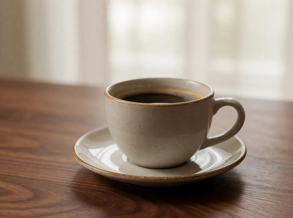 AI-generated studio photo of a ceramic coffee cup on a wooden table