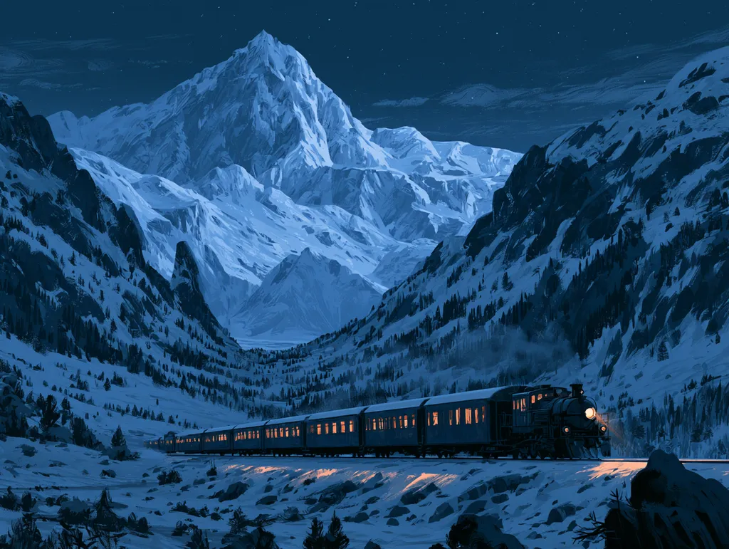AI-generated illustration of a night train in a snowy mountain valley