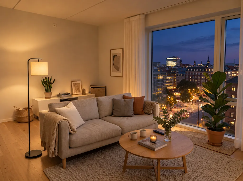 The same living room in the evening with a lamp on and city lights outside