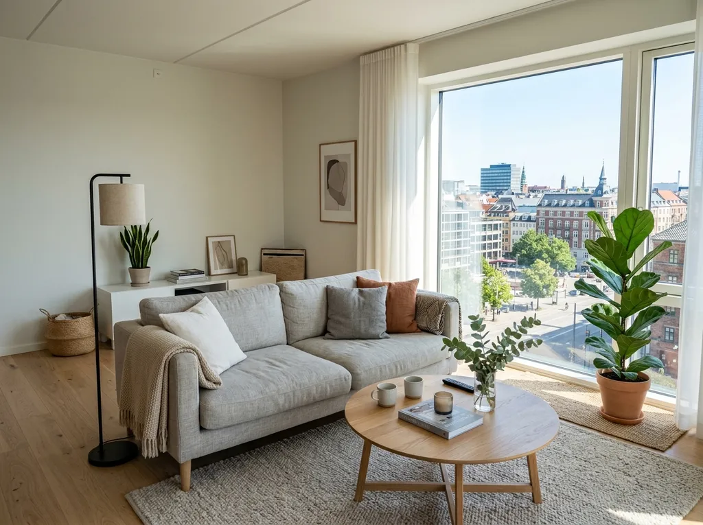Living room with a sofa and a city view in daylight