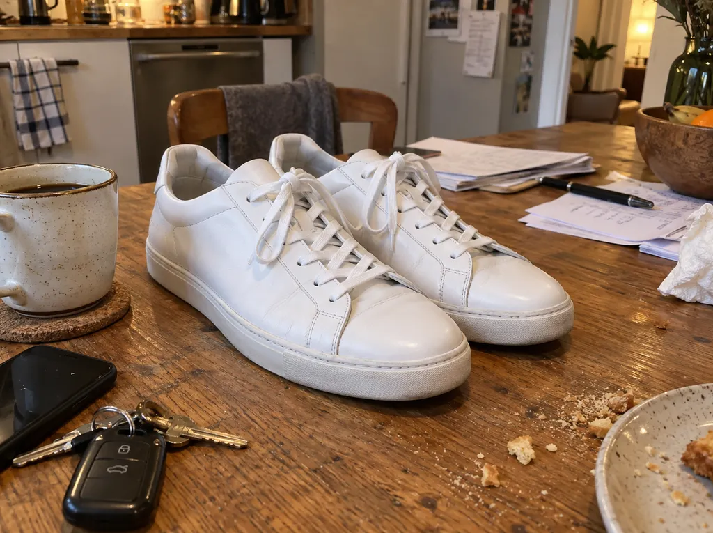 Pair of white sneakers on a cluttered kitchen table