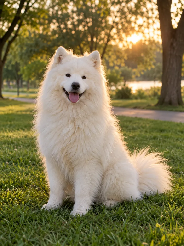 Fluffy white Samoyed sitting on the grass in a park