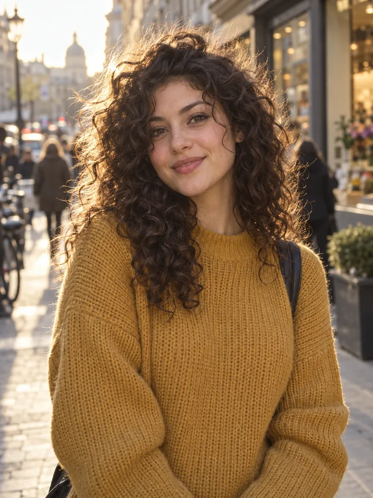 Woman with curly dark hair in a mustard sweater on a city street
