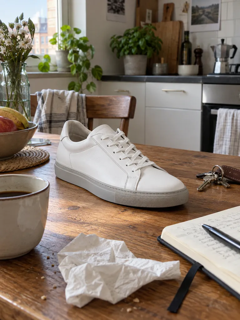 White sneaker on a cluttered kitchen table with a cup, keys, a napkin and a notebook